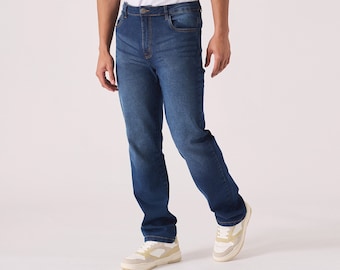 Men's Straight Fit Jeans: Mid Blue Wash Stretch Denim