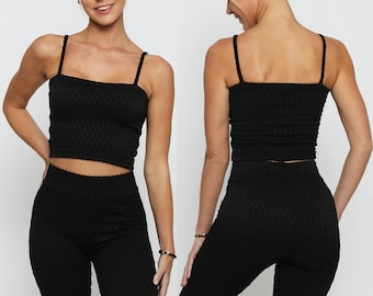 Black Textured Crop Top: Bubble Effect Summer Top