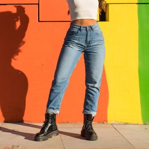 Denim Jeans High Waisted Turn Up Mom Light Blue Wash | Womens Pants | Baggy Jeans