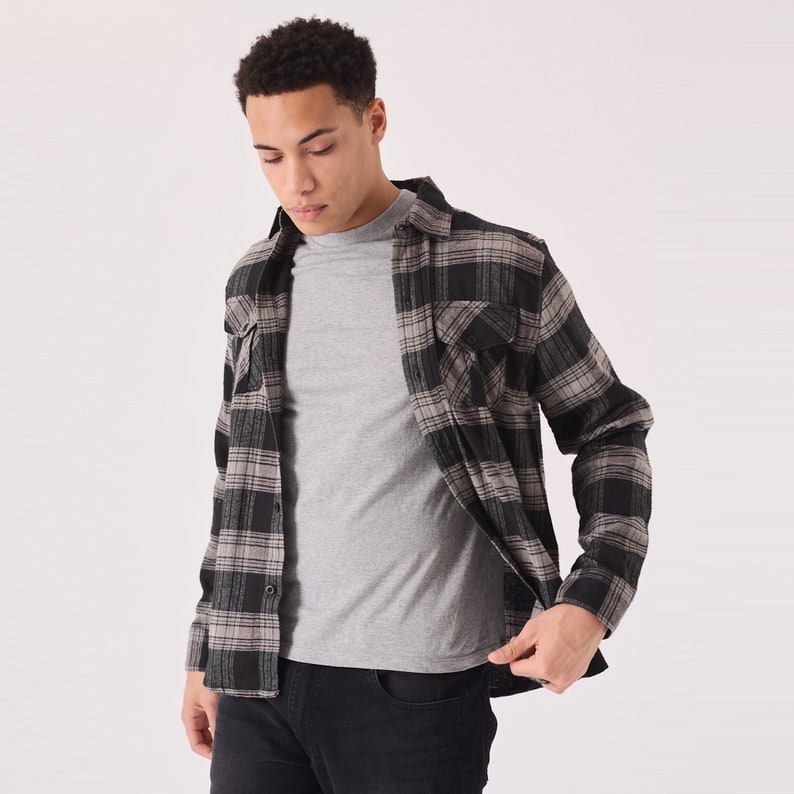 Check Shirt Plaid Flannel Stylish Black Grey Summer Shirt Long Sleeve Denim Shirt Gift for Men image 4