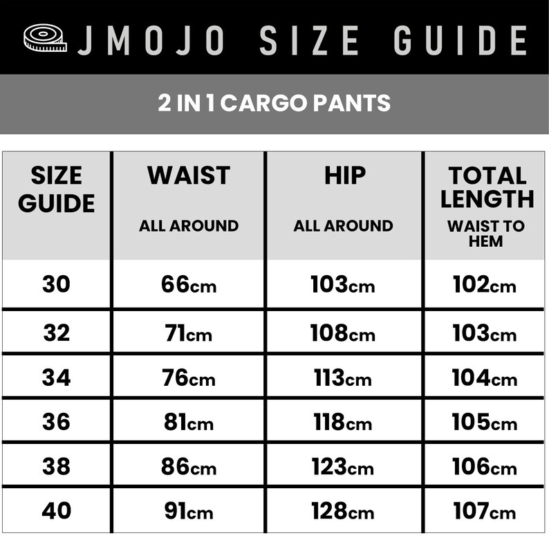 May include: Size chart for 2 in 1 cargo pants. The chart shows waist, hip, and total length measurements in centimeters for sizes 30 to 40.