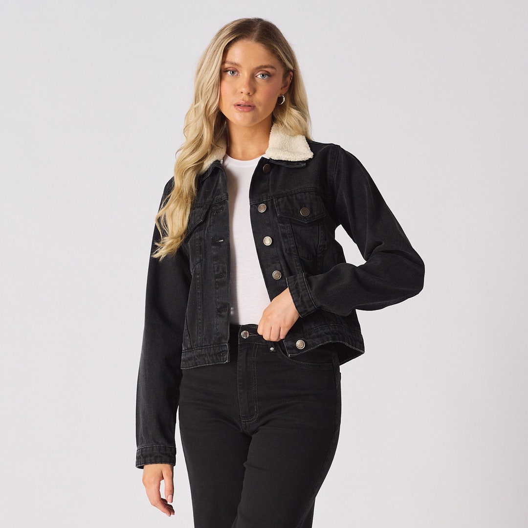 Sherpa Denim Jacket Black Women Jean Jacket Sherpa Collar Etsy