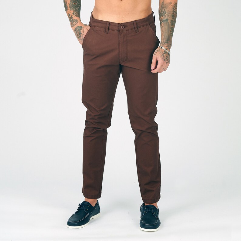 Pantalón chino elástico ajustado para hombre, pantalones de playa formales informales con bolsillos, pantalones elásticos marrón chocolate para hombre, joggers para hombre imagen 6