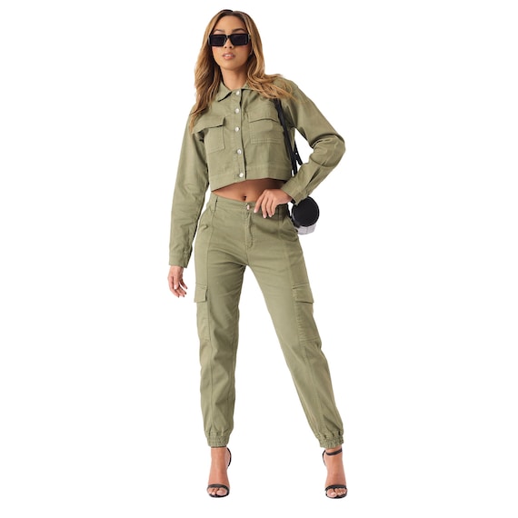 Cargo Jogger Trendy Tapered Stretch Olive Green Trousers Women