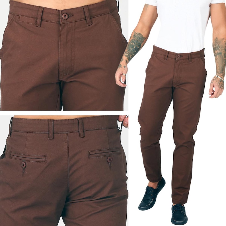 May include: Brown trousers with a button closure and pockets. The trousers are a solid colour and appear to be made of a durable fabric. The image shows the front and back of the trousers, as well as a person wearing them.