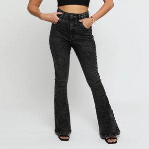 Women High Waisted Split Hem Flare Black Wash Jeans | Women Black Wash Jeans | Fit & Flare Jeans | Bell Bottoms Jeans | Holiday outfit