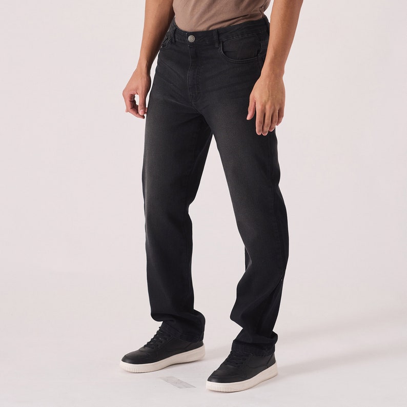 Pants Men Mid Blue Wash Straight Fit Jeans Denim Jeans Versatile Style 5-Pocket Design Internal Waist Adjusters image 3