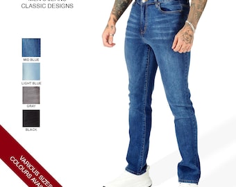 May include: A person wearing blue jeans. The jeans are available in various sizes and colors, including mid blue, light blue, gray, and black. The text "MEN'S JEANS CLASSIC DESIGNS" is at the top of the image. The text "VARIOUS SIZES / COLOURS AVAILABLE" is at the bottom of the image.