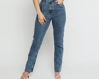 Womens Stone Blue High Waisted Straight Leg Jeans – Relaxed Fit Vintage Denim