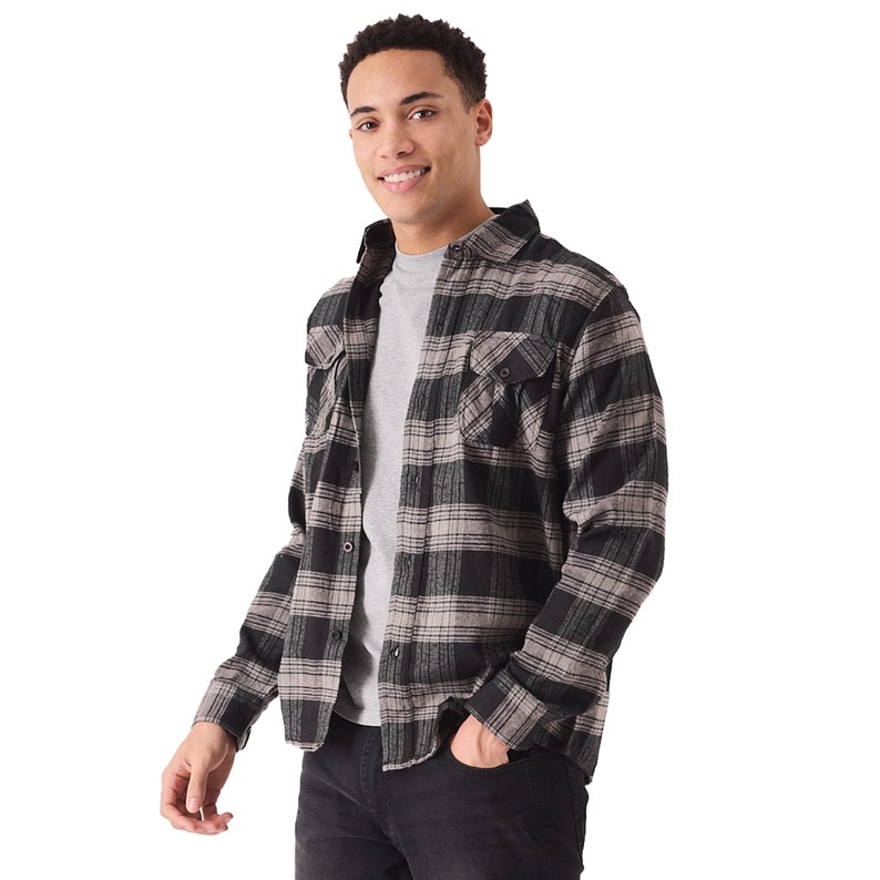 Check Shirt Plaid Flannel Stylish Black Grey Summer Shirt Long Sleeve Denim Shirt Gift for Men image 5