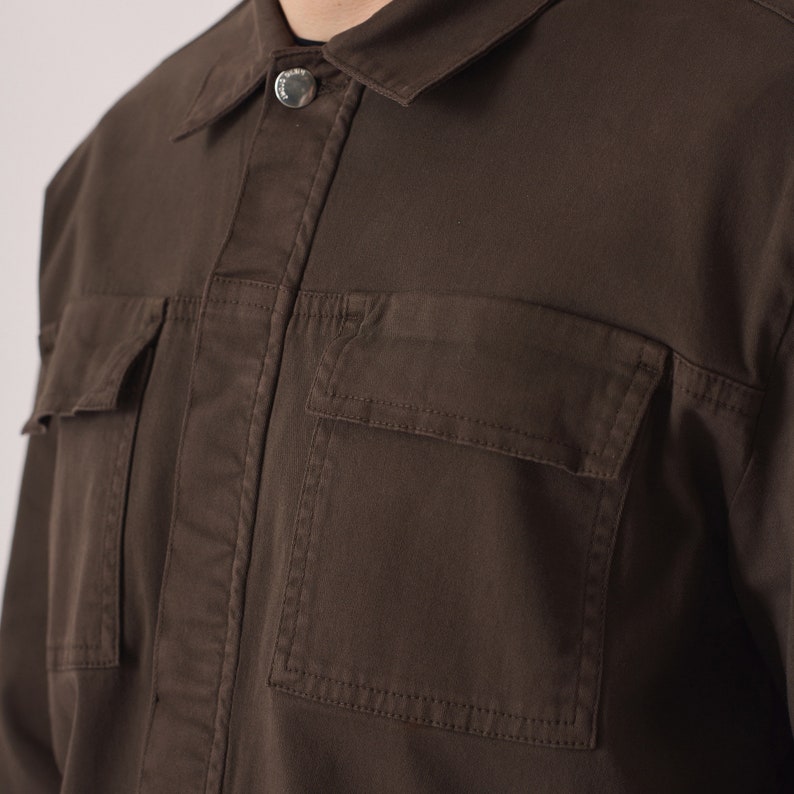 Cargo Jacket Mens Regular Long Button Cuff Sleeve Vintage Denim Jacket Cargo Jacket Brown Streetwear Jacket Jean Jacket Gift Him image 5