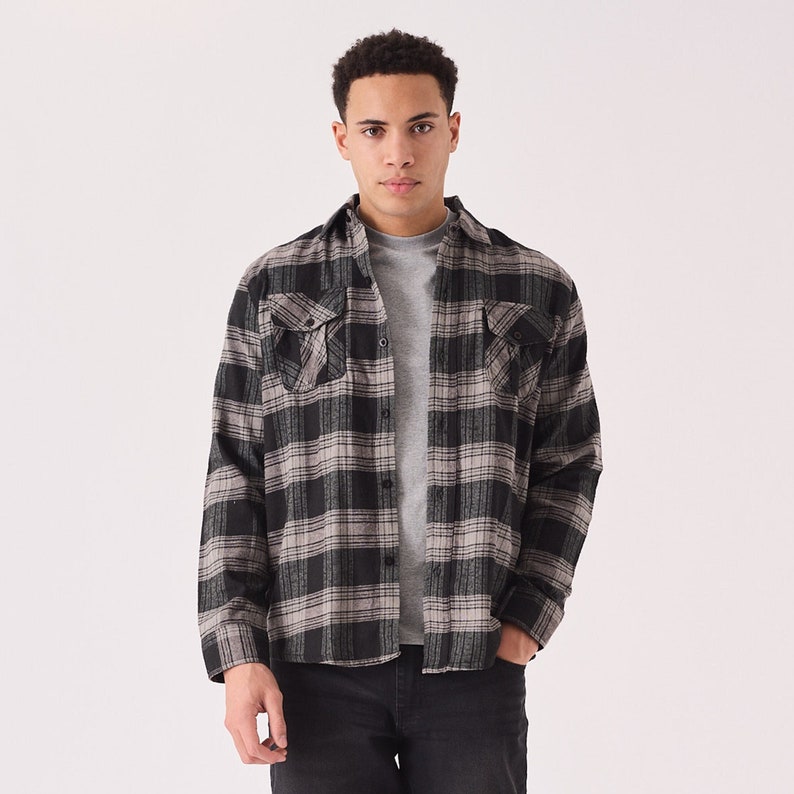 Check Shirt Plaid Flannel Stylish Black Grey Summer Shirt Long Sleeve Denim Shirt Gift for Men image 1