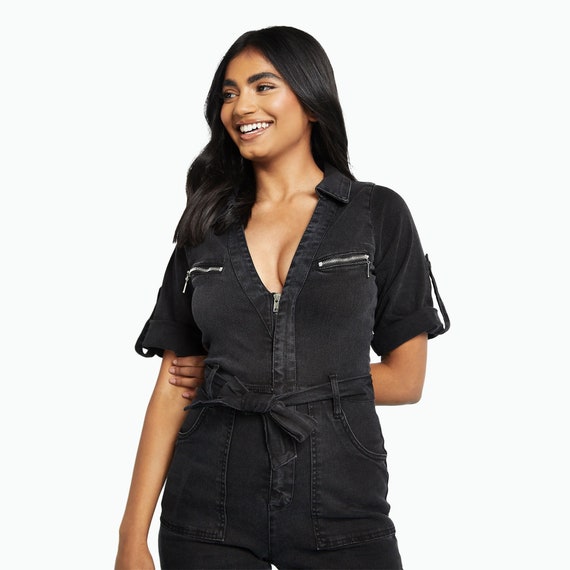 Women Denim Jumpsuit Vintage Zipper Romper Formal Jumpsuit Festival Outfits Women Jean Jumpsuit Black Fall Clothing Etsy UK