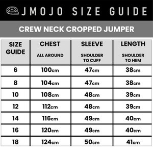 May include: Size chart for a crew neck cropped jumper. The chart shows measurements in centimeters for chest, sleeve length, and overall length. Sizes range from 6 to 18.