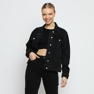 •	Black denim jacket with trucker wash. The jacket has a classic button, long sleeves, and two chest pockets. It is made of a soft, comfortable denim Jacket and has a relaxed fit. This jacket for Women is perfect for everyday wear down