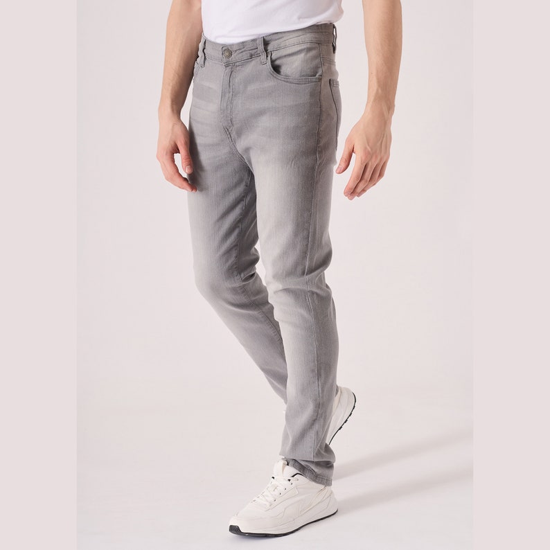Men's Slim Fit Grey Wash Denim Jeans: Stretch Cotton Casual Pants - Etsy