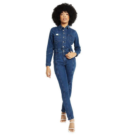Vintage Jumpsuit Stylish Fitted Dark Blue Wash Long Sleeve Denim Jumpsuit Women Dress Summer Etsy UK