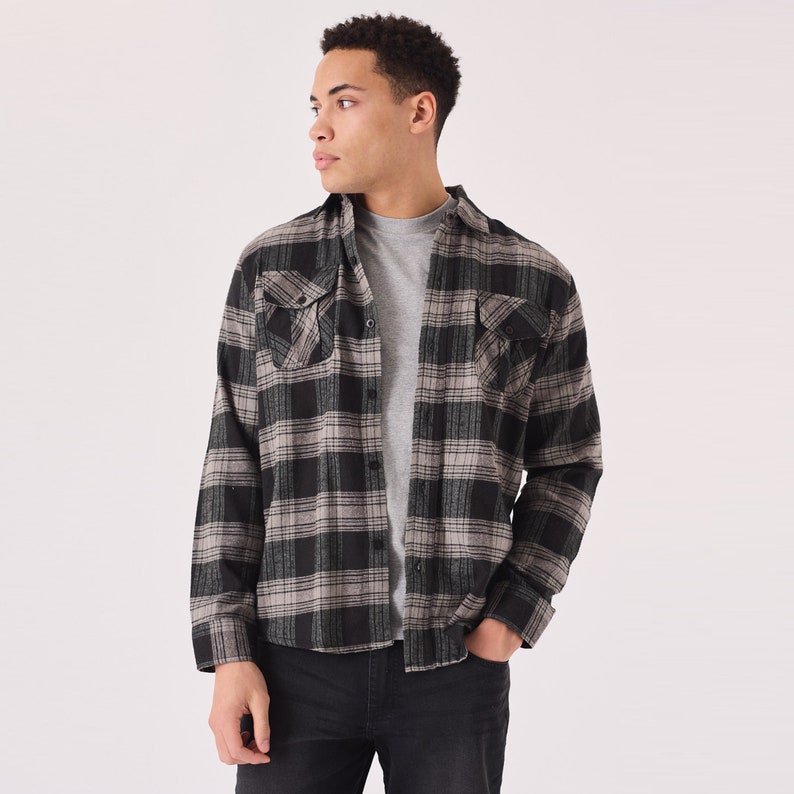 Check Shirt Plaid Flannel Stylish Black Grey Summer Shirt Long Sleeve Denim Shirt Gift for Men image 2