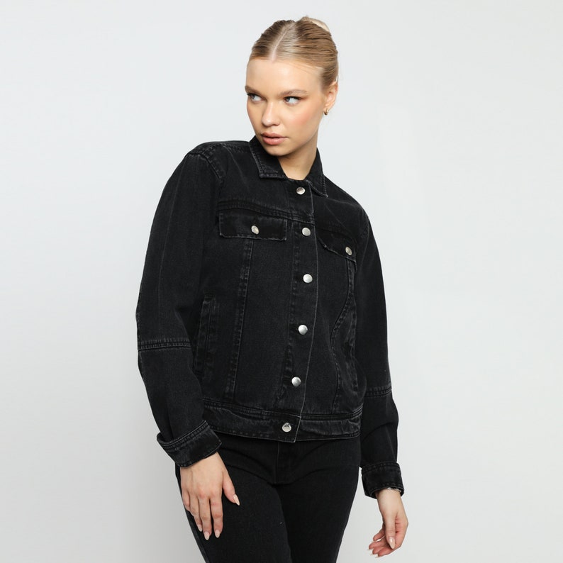 Black Denim Jacket Trucker Wash Jackets for Women Black Jean Jacket Gift for Women Track Jacket image 4