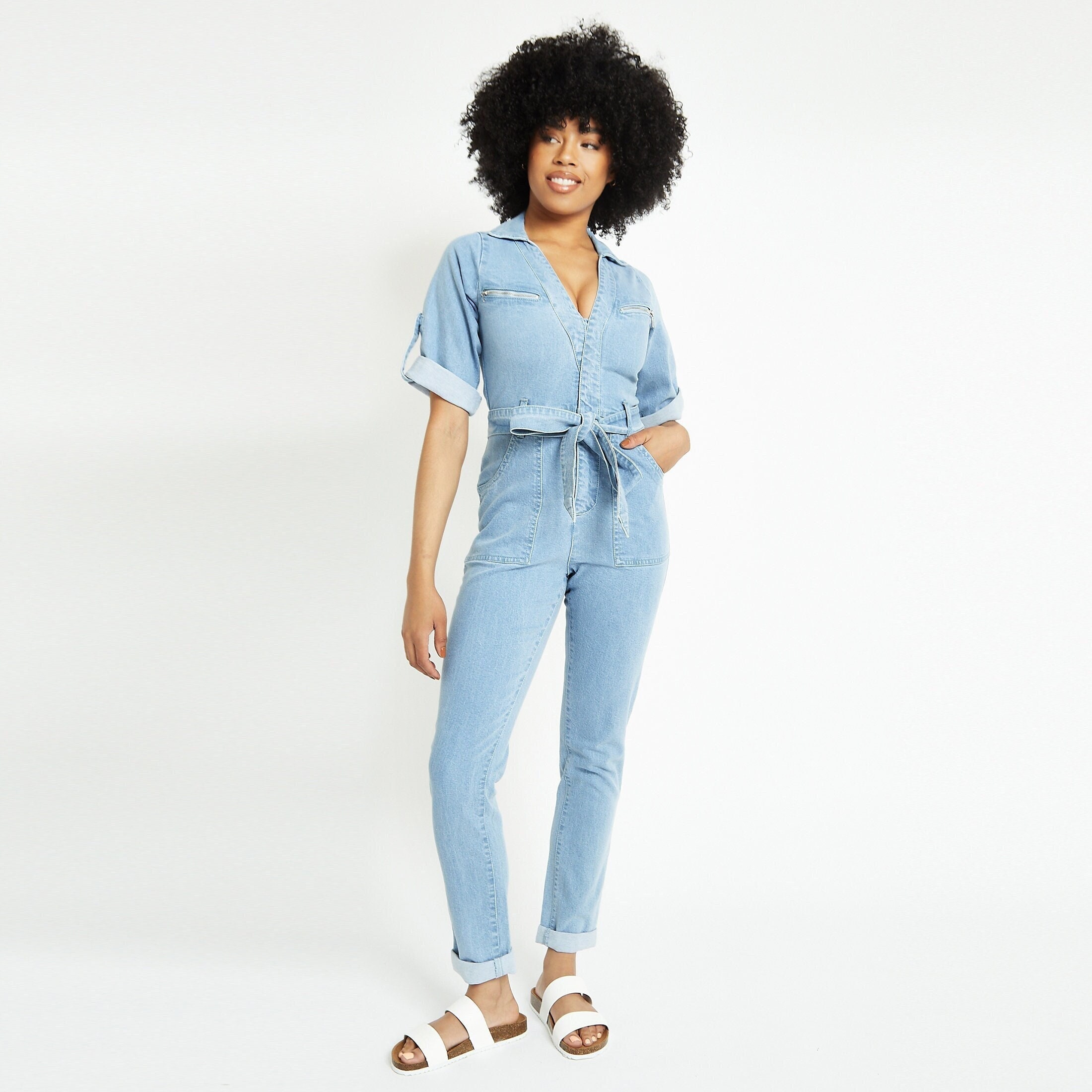 Only long sleeve jumpsuit in light blue denim