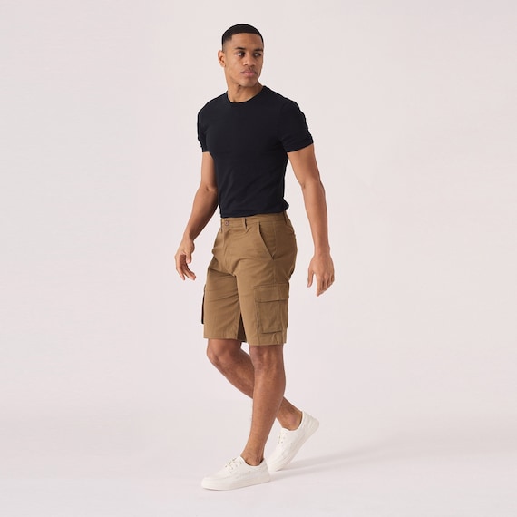 3D Pocket Cargo Shorts Men: Brown Twill, Slim Fit 3D Pocket Cargo Shorts Men: Brown Twill, Slim Fit