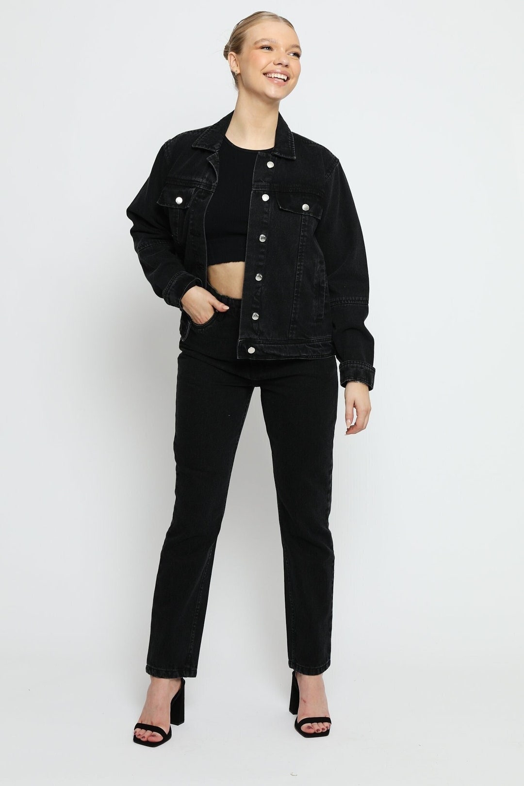 Black Denim Jacket Trucker Wash Jackets for Women Black Etsy UK