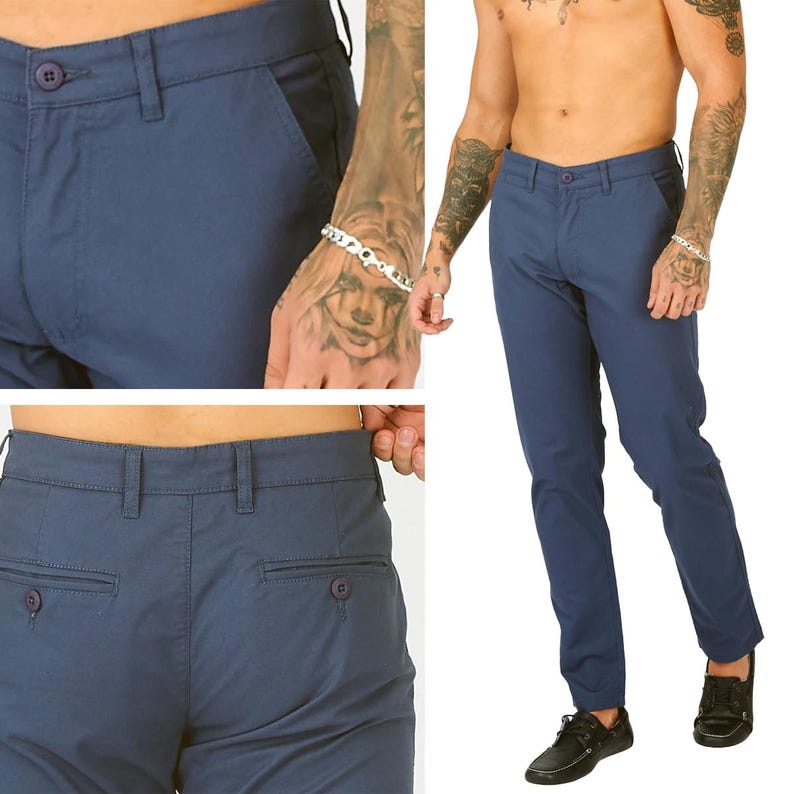 May include: Navy blue trousers with button fastening, side and back pockets. The slim-fit trousers are made of a smooth fabric. The image shows close-up details of the pockets and button.