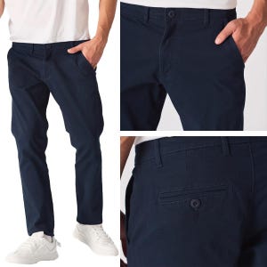 May include: Navy blue trousers with a classic design. The trousers feature a button and zip closure, front pockets, and a back pocket. The trousers are made of a durable fabric, suitable for casual or semi-formal wear.