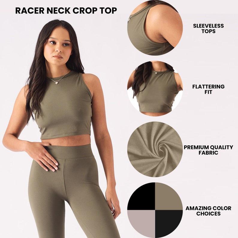 Womens Crop Tops Essential Racer Neck Khaki Tops and Tees Crop Top Y2k Top Tank Crop Top image 1