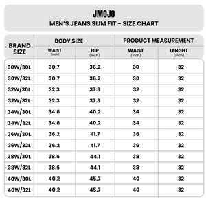 K&ouml;nnte beinhalten: Eine Gr&ouml;&szlig;entabelle f&uuml;r Herrenjeans mit Ma&szlig;en in Zoll f&uuml;r Taille, H&uuml;fte und L&auml;nge. Die Tabelle zeigt Gr&ouml;&szlig;en von 30W/30L bis 40W/32L.