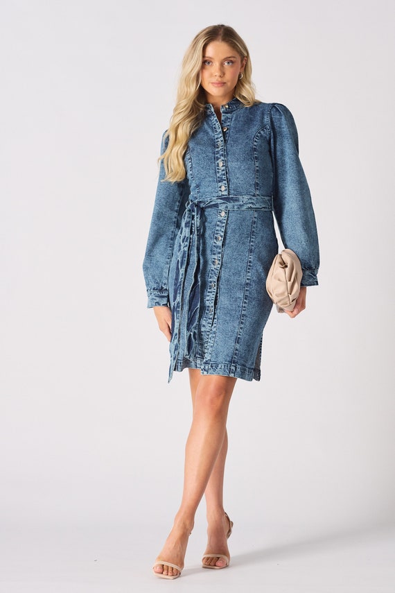 washed denim puff sleeve dress Denim Puff-Sleeve Mini Dress in Dawnshire Wash