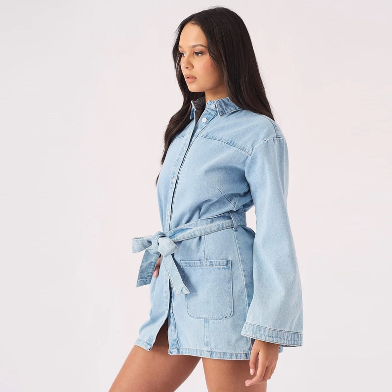 Women Dress Denim Tie Wrap Light Blue Wash Summer Dress Women Women Clothing image 7