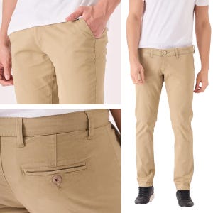 May include: Khaki-coloured trousers with a button closure and belt loops. The trousers have front and back pockets. The image shows close-up details of the pockets and waistband, as well as a full-length view of the trousers.