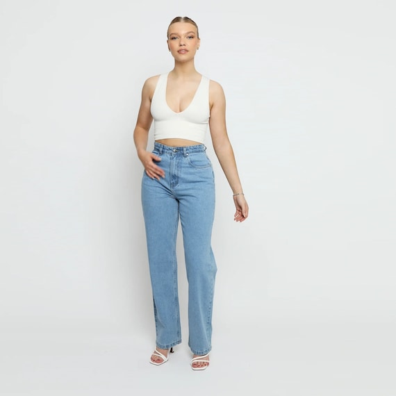Jeans Holgados Azules, Jeans Anchos Lavados Con Piernas Rectas, Jeans Y  Ropa De Mezclilla Para Mujer