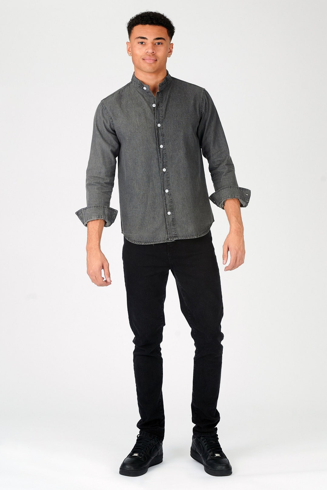 Grey Slim Fit Grandad Collar Denim Shirt, Casual Long Sleeve Cotton