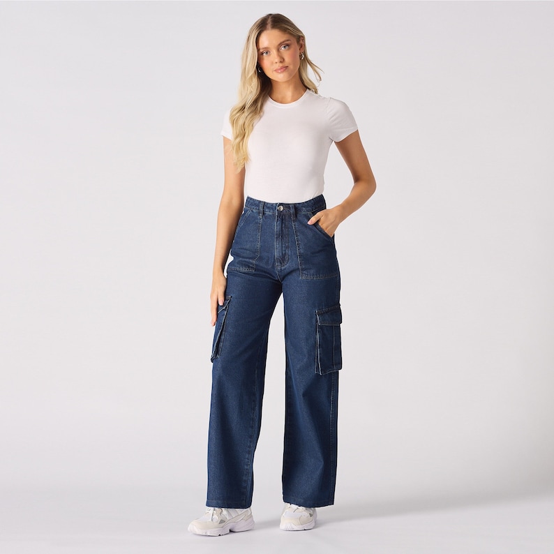 High Waisted Cargo Pants Blue Wash Women Denim Jeans Wide Leg Jeans Fashion Jeans Women Y2k Cargo Pants Vintage High Waisted Jeans image 2