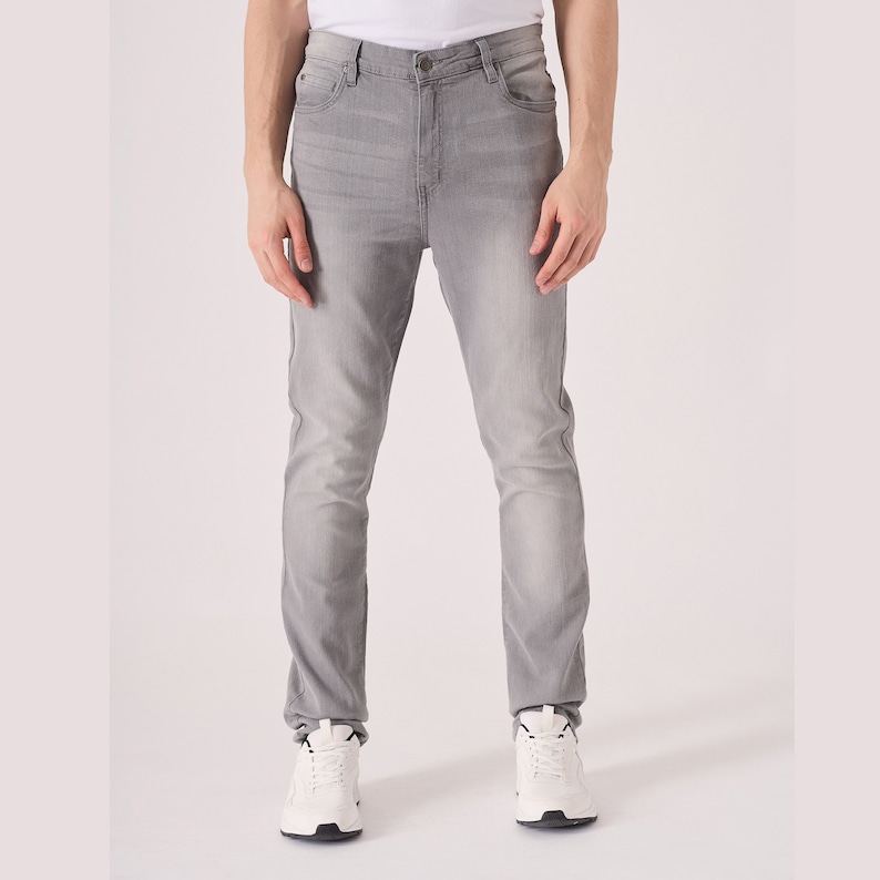 Men's Slim Fit Grey Wash Denim Jeans: Stretch Cotton Casual Pants - Etsy