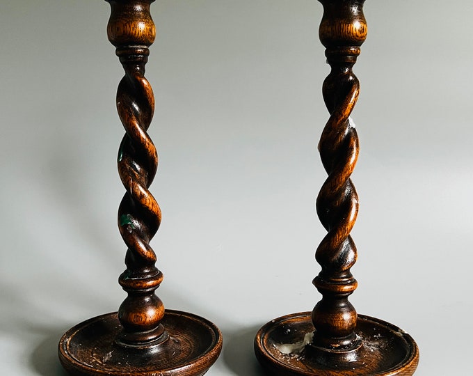Vintage Antique Oak Wood Barley Twist Candlesticks Candle Holders