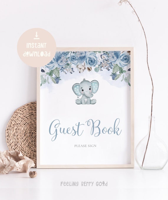 Printable Elephant Guest Book Sign Blue Elephant Baby Shower Etsy