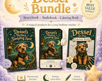 Gute-Nacht-Set für Kinder | Bilderbuch + Hörbuch + Malbuch | Dessel der Hund | Beruhigendes Gute-Nacht-Set | 3–9 Jahre | Sofort-Download