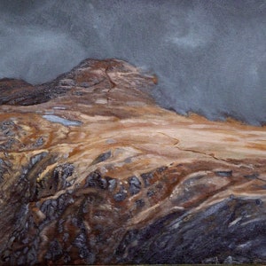 May include: A painting depicting a mountain range with a dark grey sky. The mountain peaks are brown and rocky, with a few patches of green vegetation. The sky is cloudy and overcast, with a hint of blue showing through.