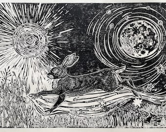Linoprint: Hare on Earth