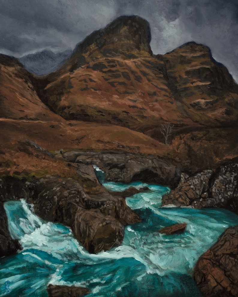 May include: A painting depicting a fast-flowing river rushing through a rocky landscape. The river is a vivid turquoise colour, and the rocks are a dark brown. The sky is a stormy grey, and there are mountains in the background.