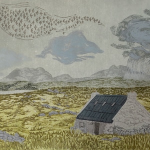 May include: A stone cottage with a dark gray roof sits in a field of green grass.  The cottage has a single door and a window.  The sky is gray with a few white clouds and a flock of birds flying overhead.