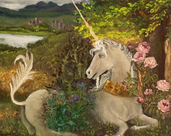 Scottish Unicorn Oil Painting: Mystical Highland Folklore Art
