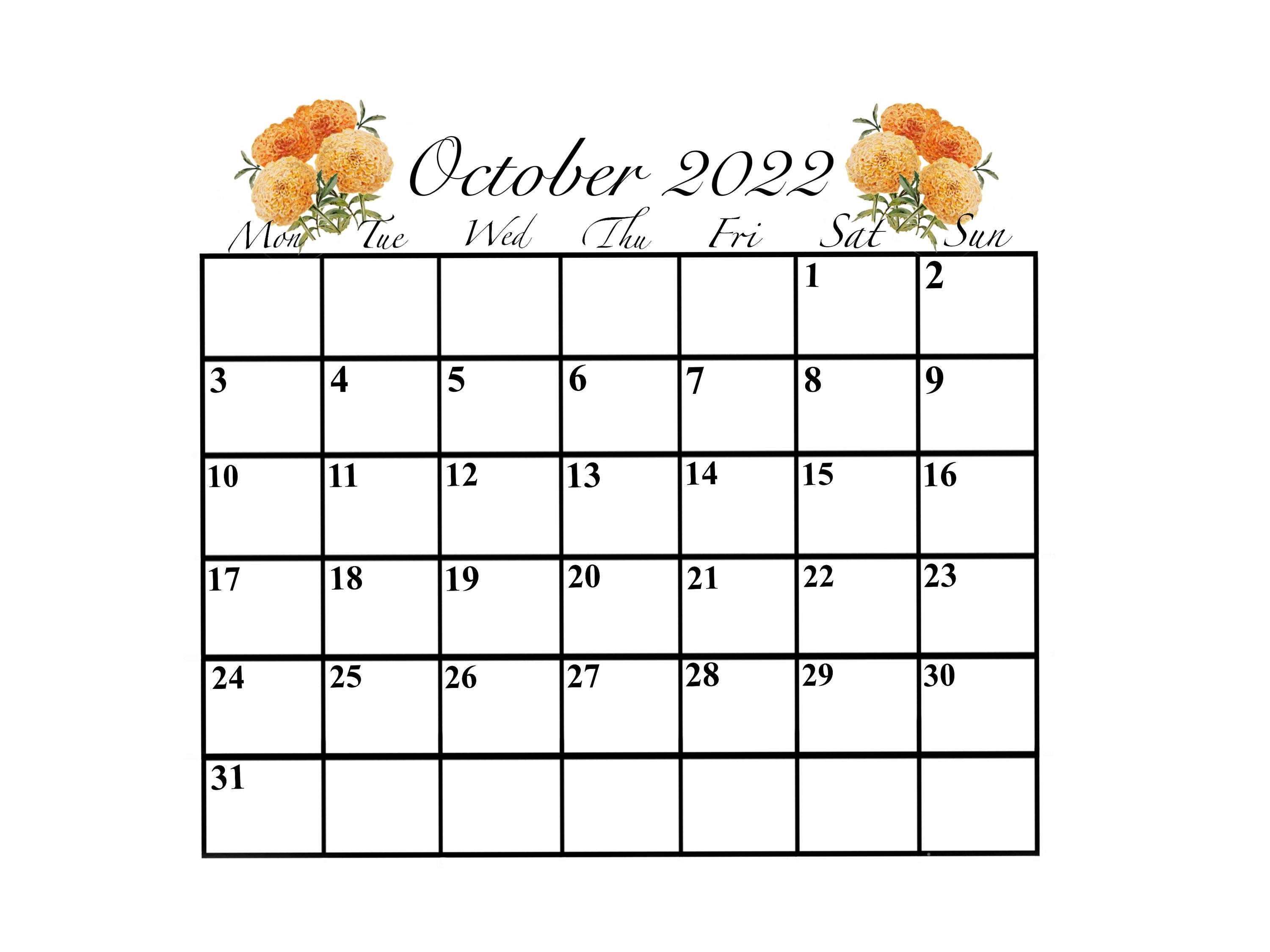 Printable October 2022 Flower Decorated Calendar - Etsy