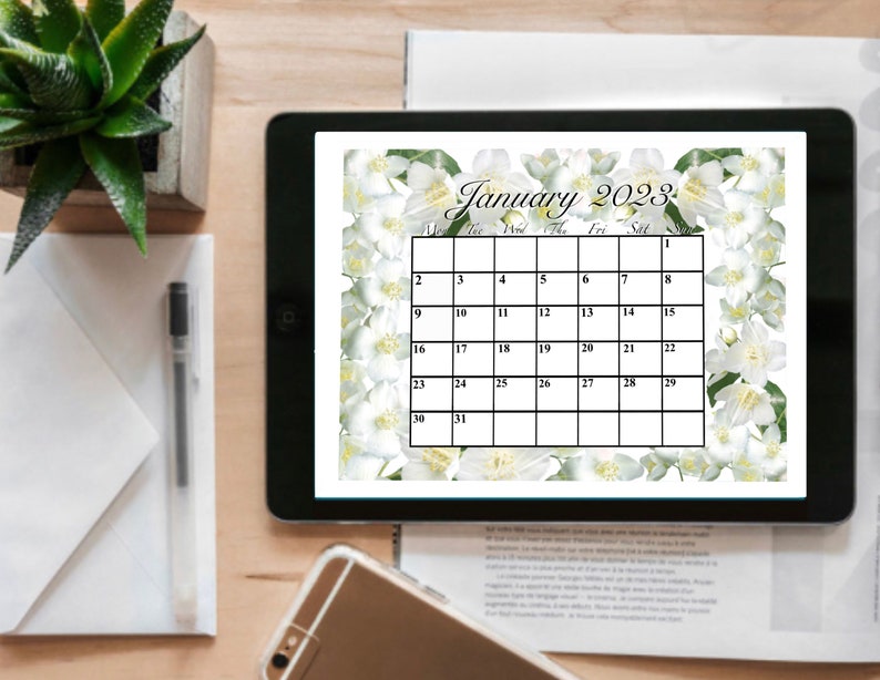 Printable January 2023 Flower Decorated Calendar Etsy