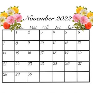 Druckbarer November 2022 Blumen verzierter Kalender