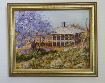 Original Oil Painting of the Queenslander and Purple Blossoms of a Jacaranda | Signed | Framed