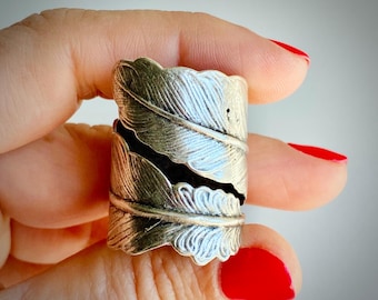 Silver Feather Wrap Ring: Handmade Boho Statement Jewelry